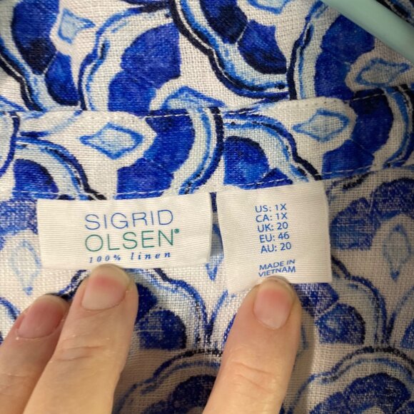 Womens Sigrid Olsen V Neck Linen Tunic Pullover Blue Design 1X White Blue - Picture 7 of 8